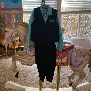 Black and teal Raphael pinstriped suit. Excellent used condition. Sz. 10
